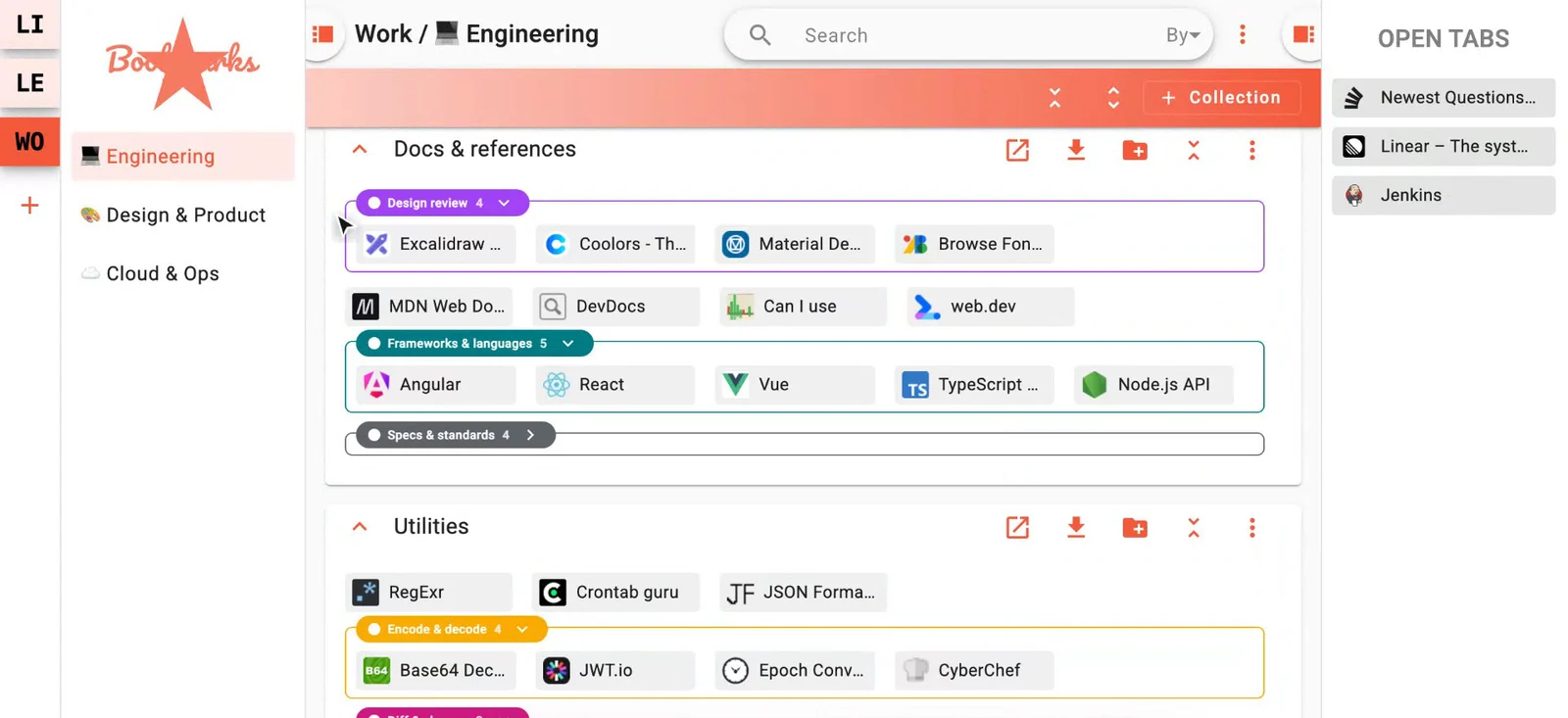 A Design review tab group dropped into a collection, where it now appears as a purple bookmark group holding its four bookmarks.