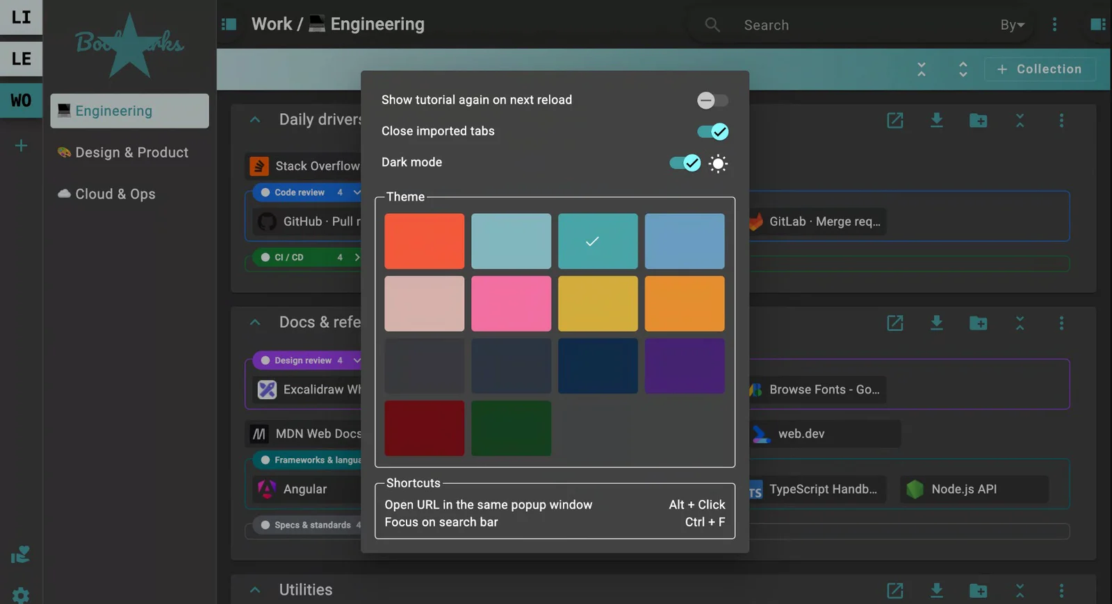 The settings panel in dark mode, showing the fourteen accent colors and the keyboard shortcut list.