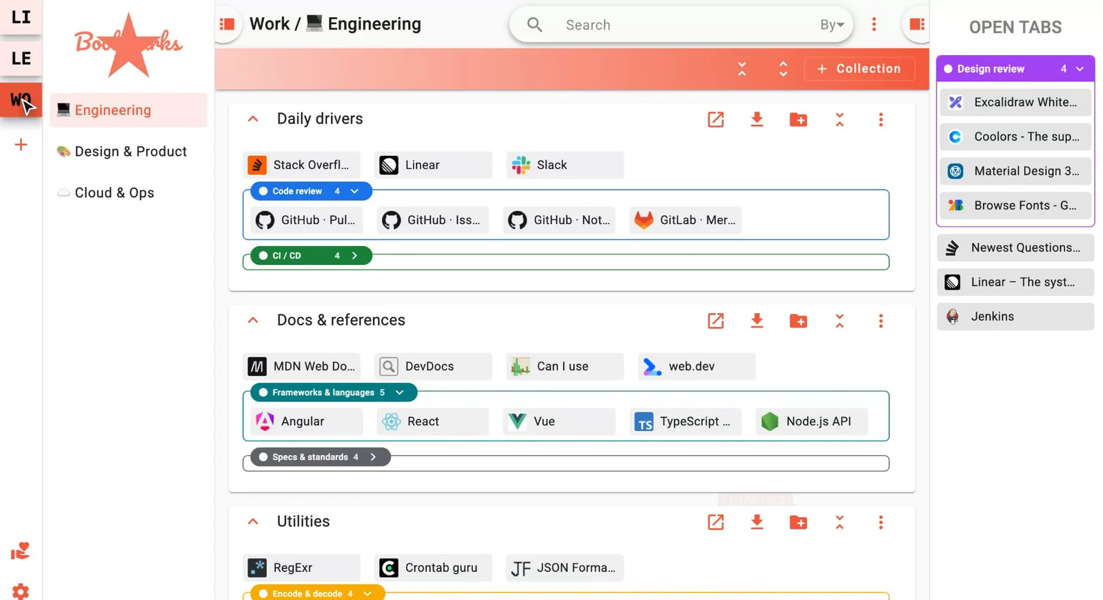 The Bookmarks Manager new tab page: organizations and spaces in the left sidebar, collections of bookmarks with colored groups in the middle, and the Open Tabs panel on the right showing a purple Design review tab group.